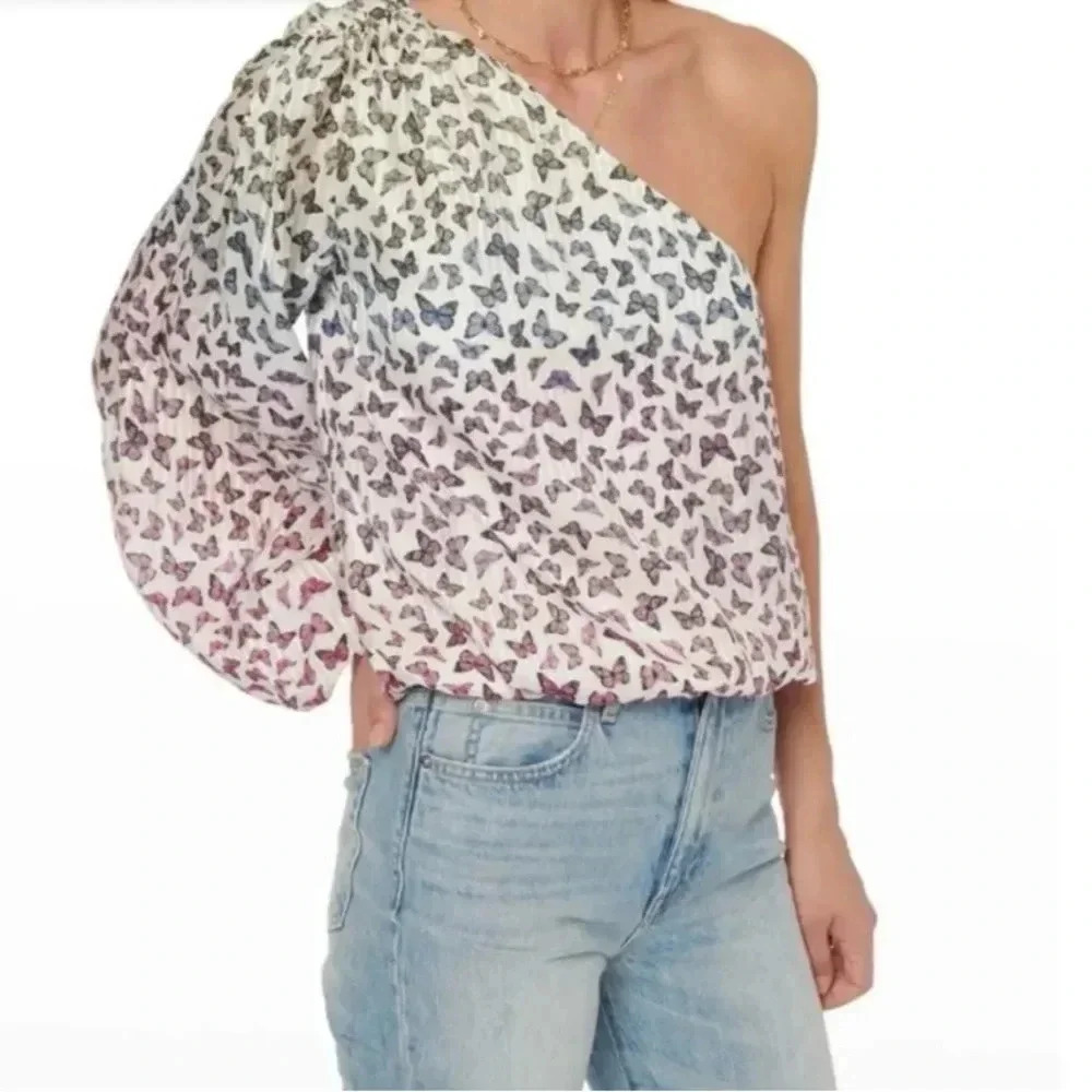 CAMI NYC The Lenore One Shoulder Cotton & Silk Top | Size Medium | Rainbow